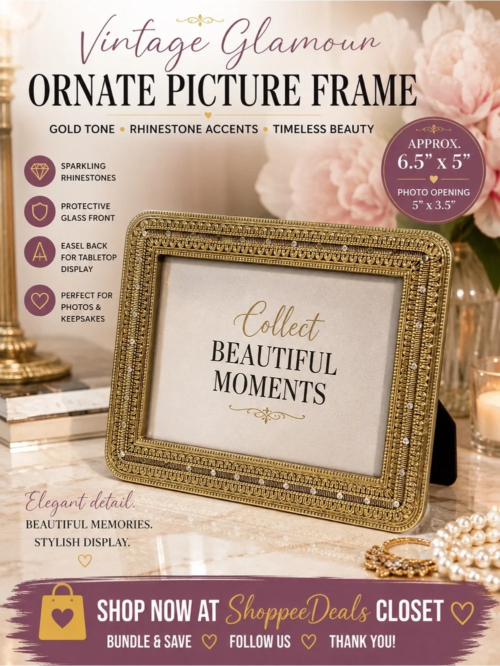 Vintage Gold-Tone Ornate Rhinestone Picture Frame – Easel Back